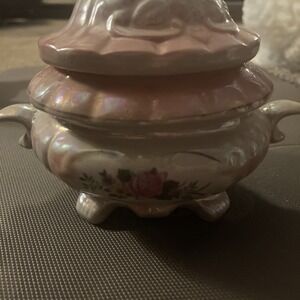Vintage Lusterware Footed Small Tureen Serving Bowl Handles Lid  Pink Rose Motif